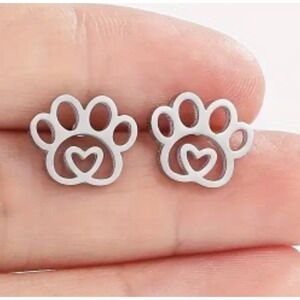 Silver Paw Print Heart Stud Earrings Pet Lover Jewelry